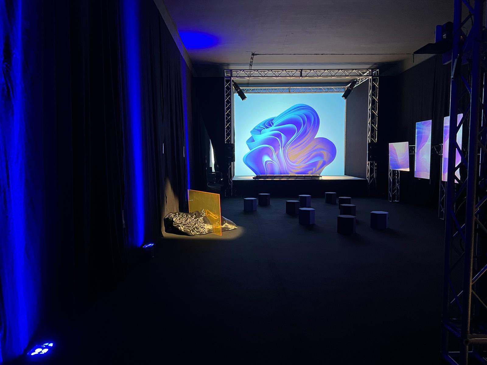Digital art projection in the dark hall during New Fluxus