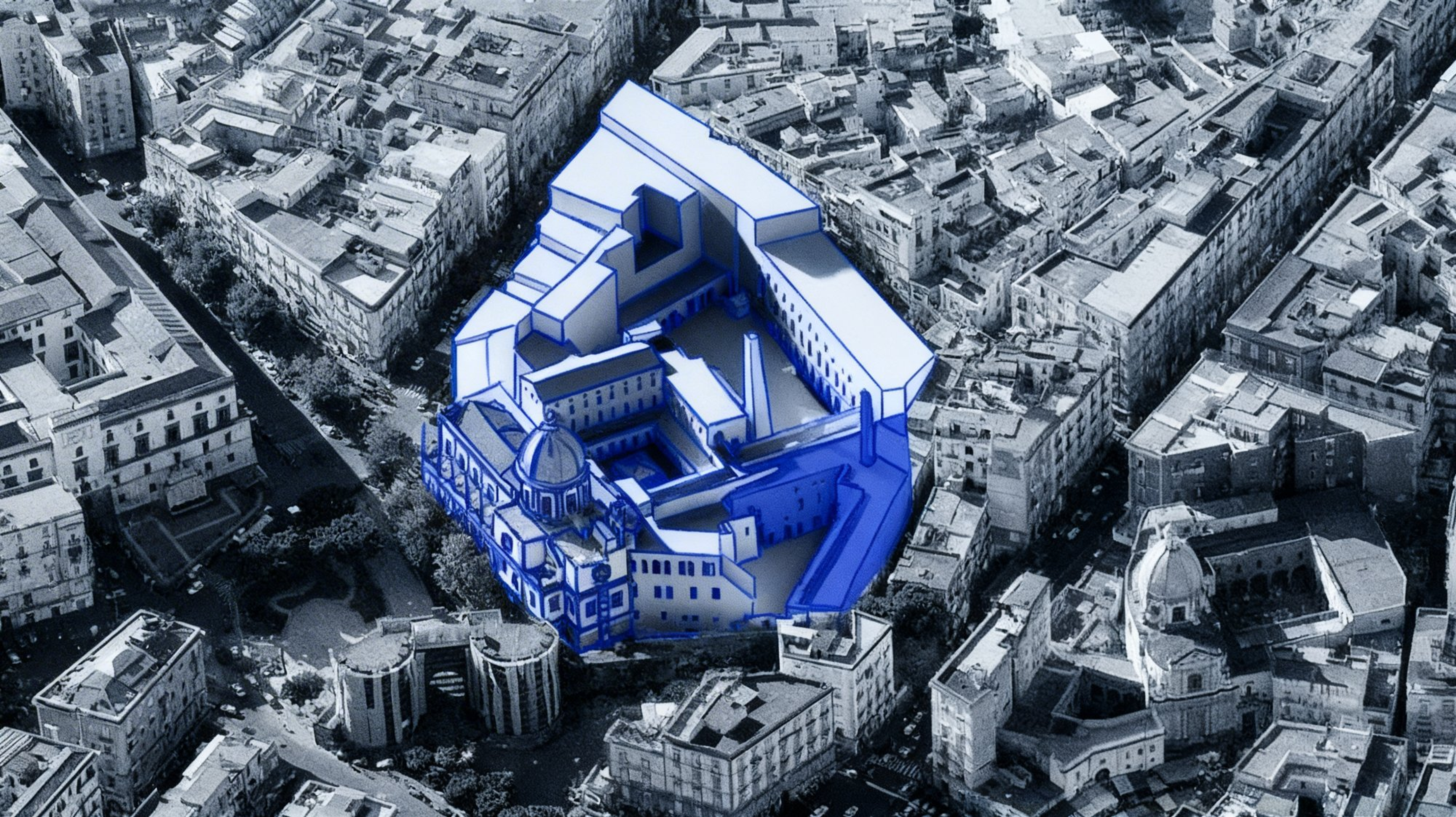 Aerial view of the historic center of Naples with the Ex Lanificio Borbonico complex highlighted in blue