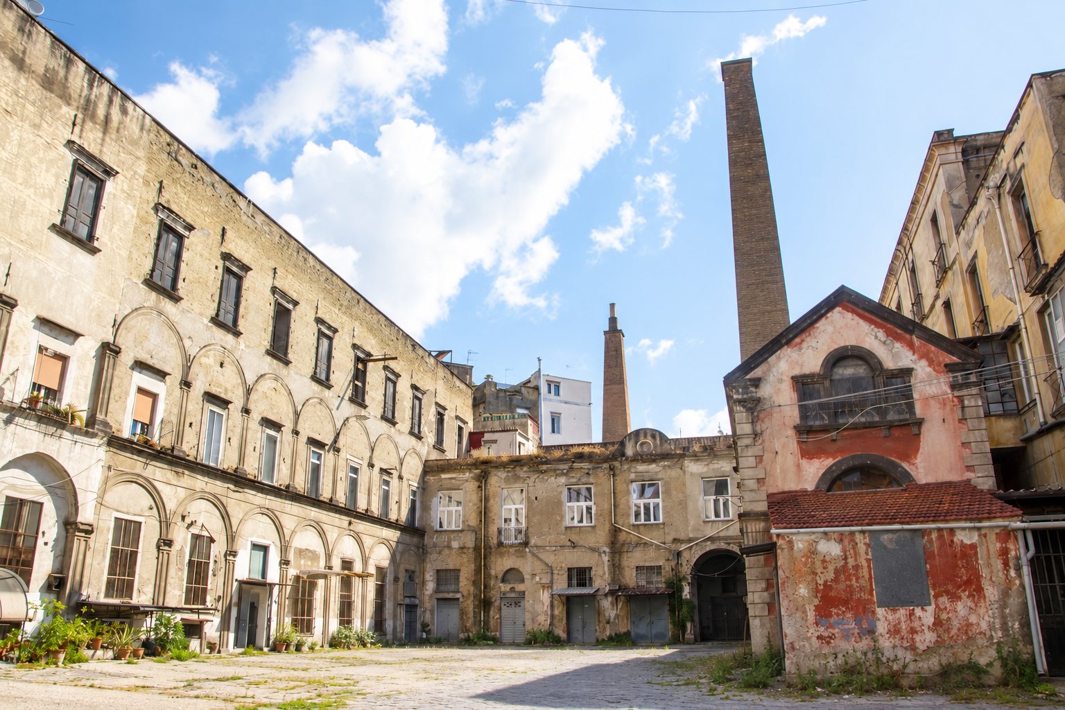 The courtyard of the Ex Lanificio Borbonico, with its chimney and historic facades