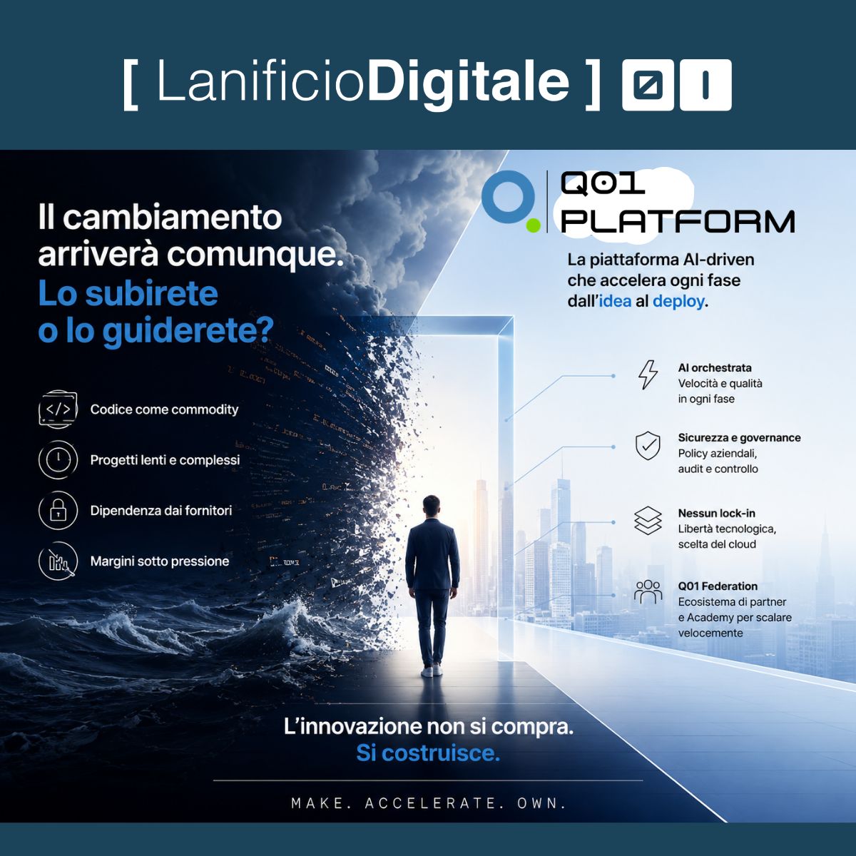 Locandina di Lanificio Digitale e Q01: «Il cambiamento arriverà comunque. Lo subirete o lo guiderete?»
