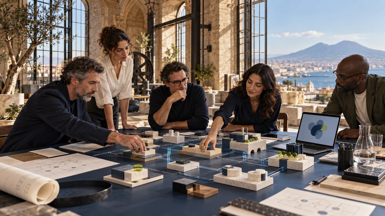 Illustration: a team designs a new service around a table, with Naples in the background