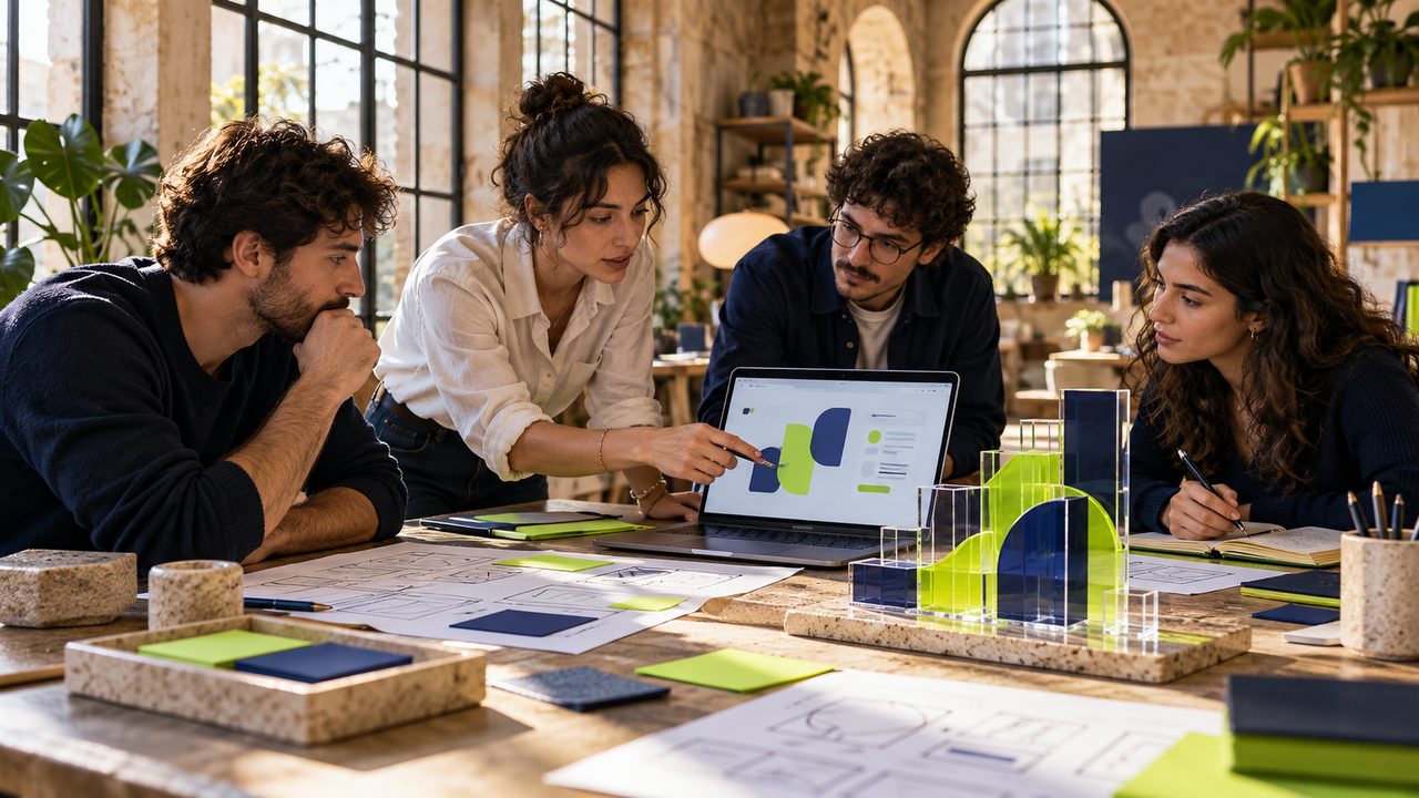 Illustration: young founders work on a business idea with sketches and a laptop