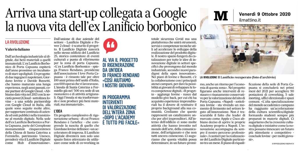 Dicono di noi: "Arriva una startup collegata a Google la nuova vita dell'ex Lanificio borbonico"